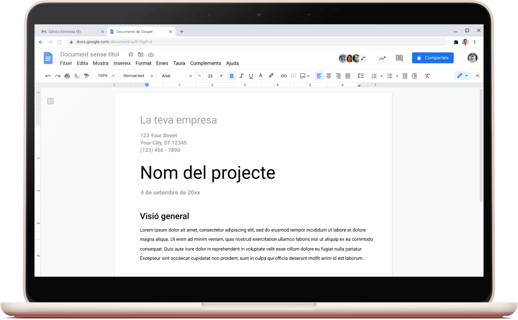 Pantalla de Documents de Google que mostra una plantilla de projecte oberta.