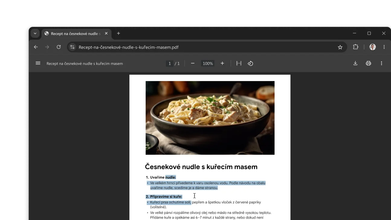 V okně prohlížeče Chrome je otevřený soubor PDF s receptem. Uživatel vybral v souboru PDF text.