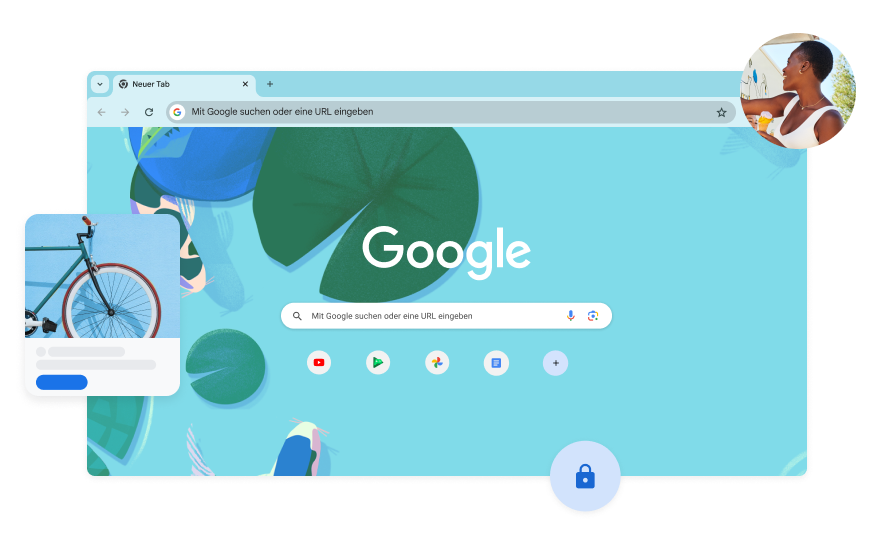 Im Hintergrund der Google Suche ist eine blaue Illustration mit einem Fisch in einem Koi-Teich zu sehen. In einer Ecke ist ein Foto einer Frau.