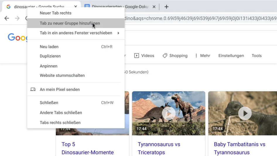 Chrome-Browserfenster mit einem kleinen Fenster, das das Menü zum Erstellen einer neuen Tabgruppe zeigt.