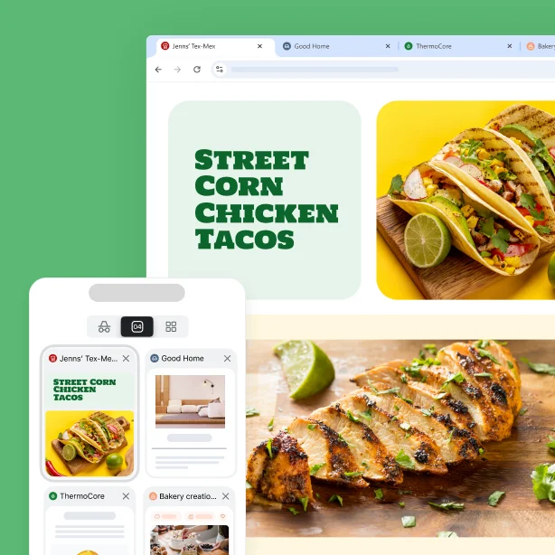 Dieselbe Rezept-Website auf verschiedenen Geräten – ein Tab lässt sich überall finden, wo du in Chrome angemeldet bist.
