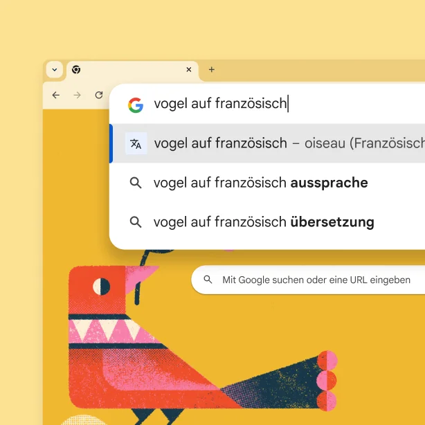 Die Seite der Google Suche mit einem Bild von einem Vogel und einer Suche nach „vogel auf französisch“ mit dem Ergebnis „oiseau“