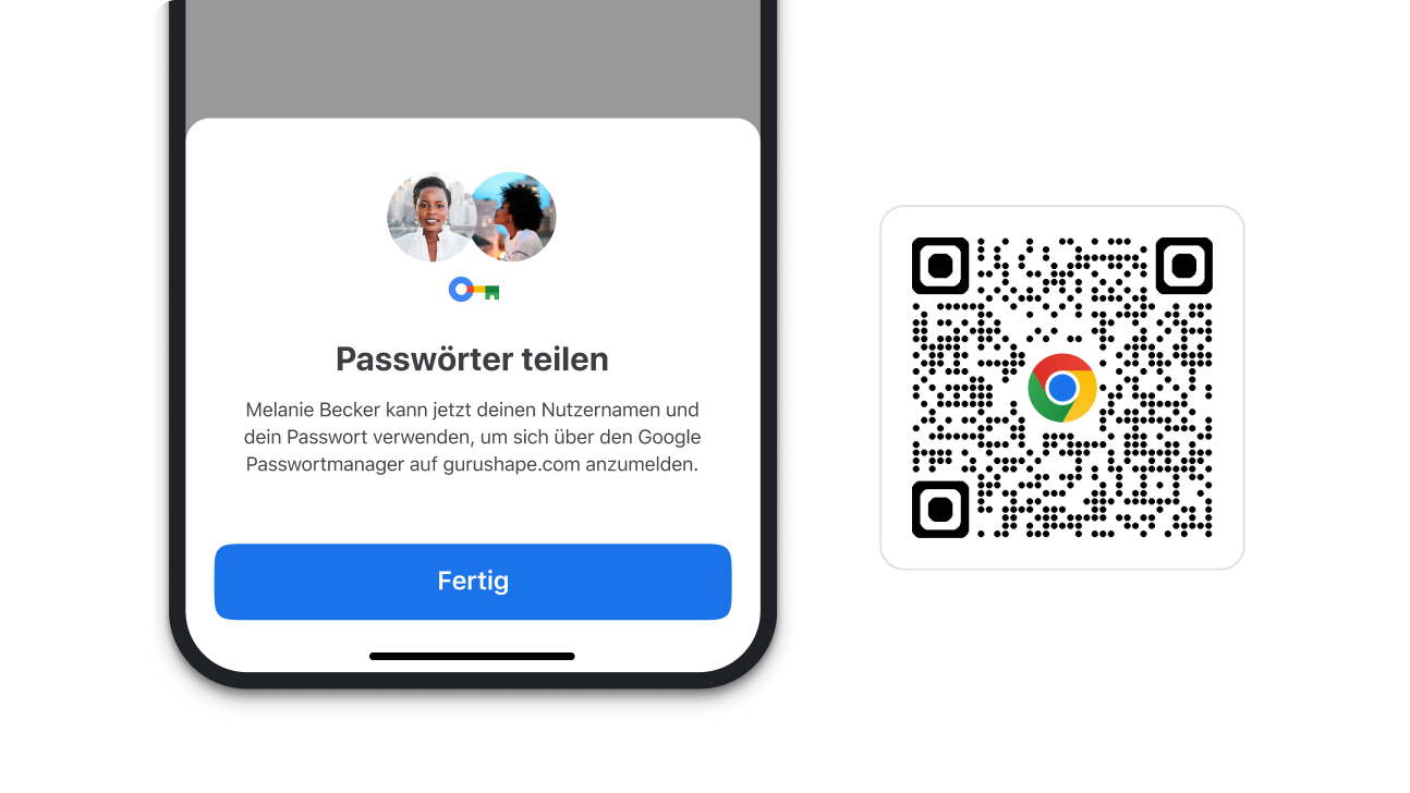 Ein Modul in Chrome, über das du deine Passwörter teilen kannst. Daneben befindet sich ein QR‑Code zum Herunterladen von Chrome.