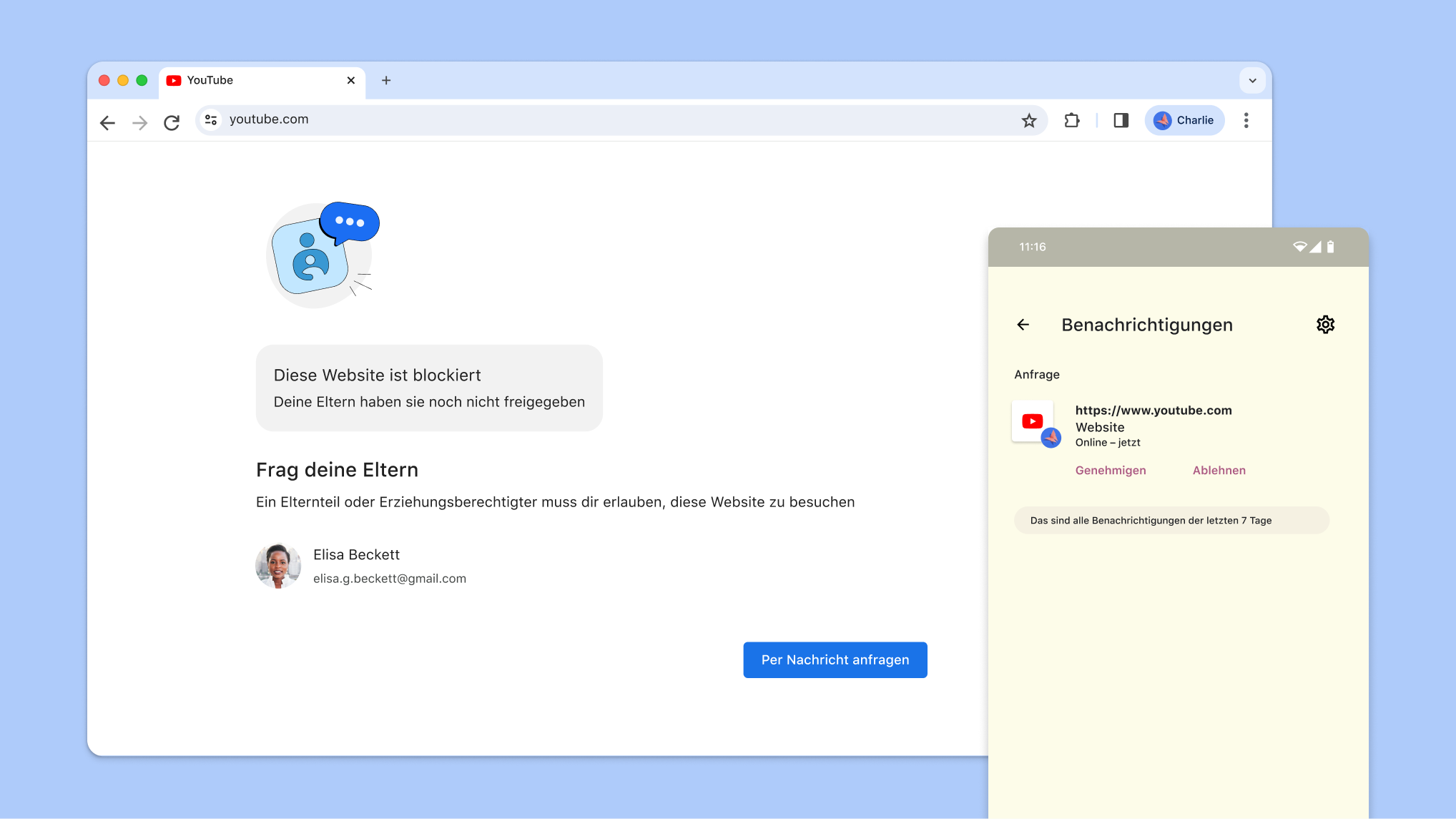 Aufgrund von Jugendschutzeinstellungen blockierte Website und eine Benachrichtigung von Family Link zur Genehmigung des Zugriffs