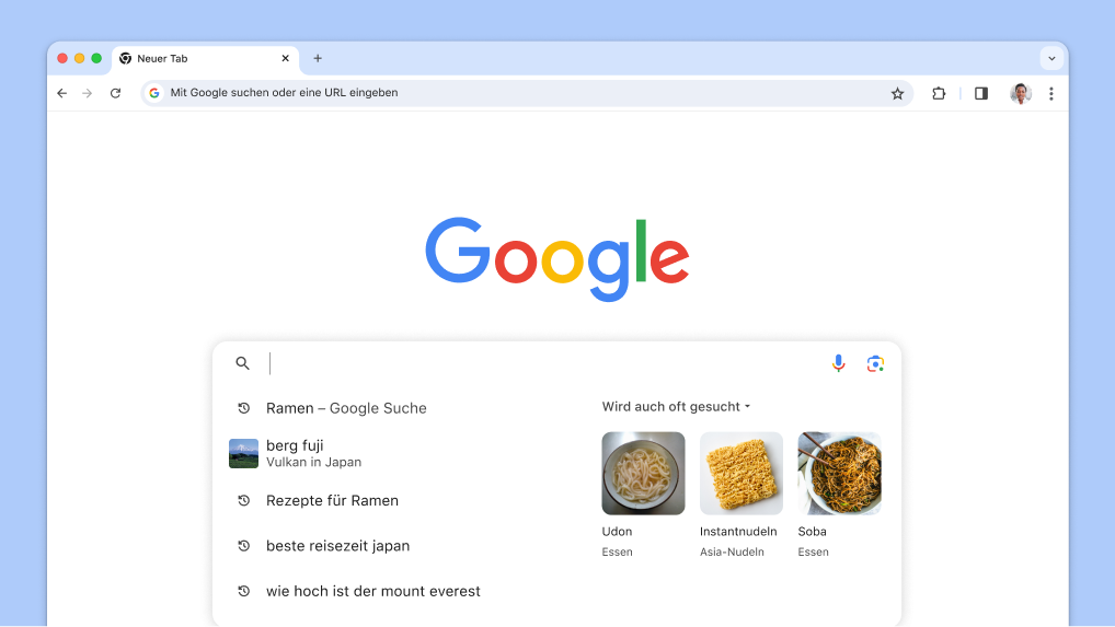 Der Cursor ist im Suchfeld platziert und es werden automatisch vorherige Suchen und Suchanfragen zu ähnlichen Themen angezeigt.