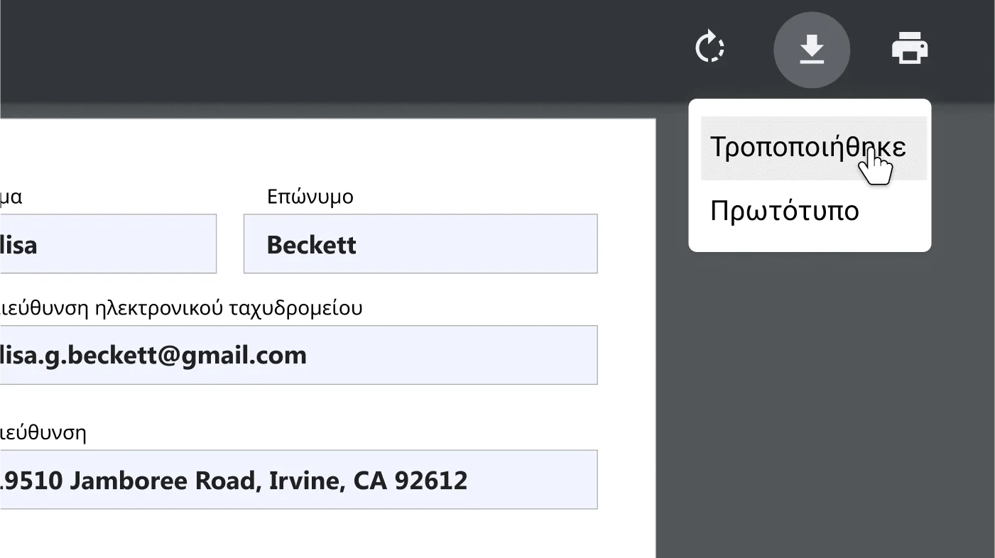 Παράθυρο του προγράμματος περιήγησης Chrome με ανοιχτό έγγραφο PDF, εστιασμένο στο μενού επιλογών λήψης και εκτύπωσης.