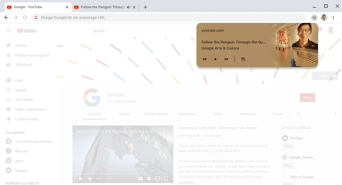 Chrome’i brauseriaken, kus on kuvatud meediasisu juhtelementide dialoogiboks.