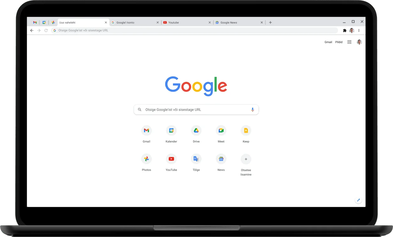 Sülearvuti Pixelbook Go vasak ülanurk, sülearvuti ekraanil on sait Google.com.