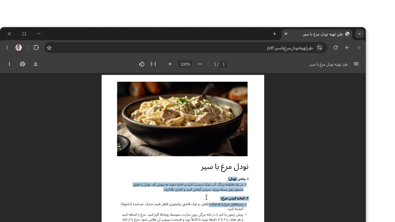 فایل PDF حاوی دستور پختی در پنجره مرورگر Chrome باز است. کاربر در فایل PDF نوشتار انتخاب کرده است.