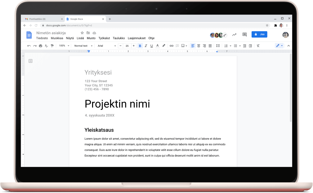 Google Docs ja avoinna oleva projektimalli.