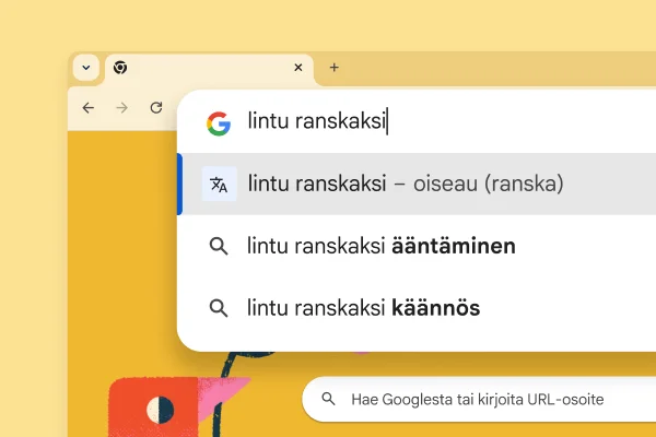 Google-hakusivu, jossa on kuva linnusta ja haku 'Bird in French' tuloksella 'oiseau'