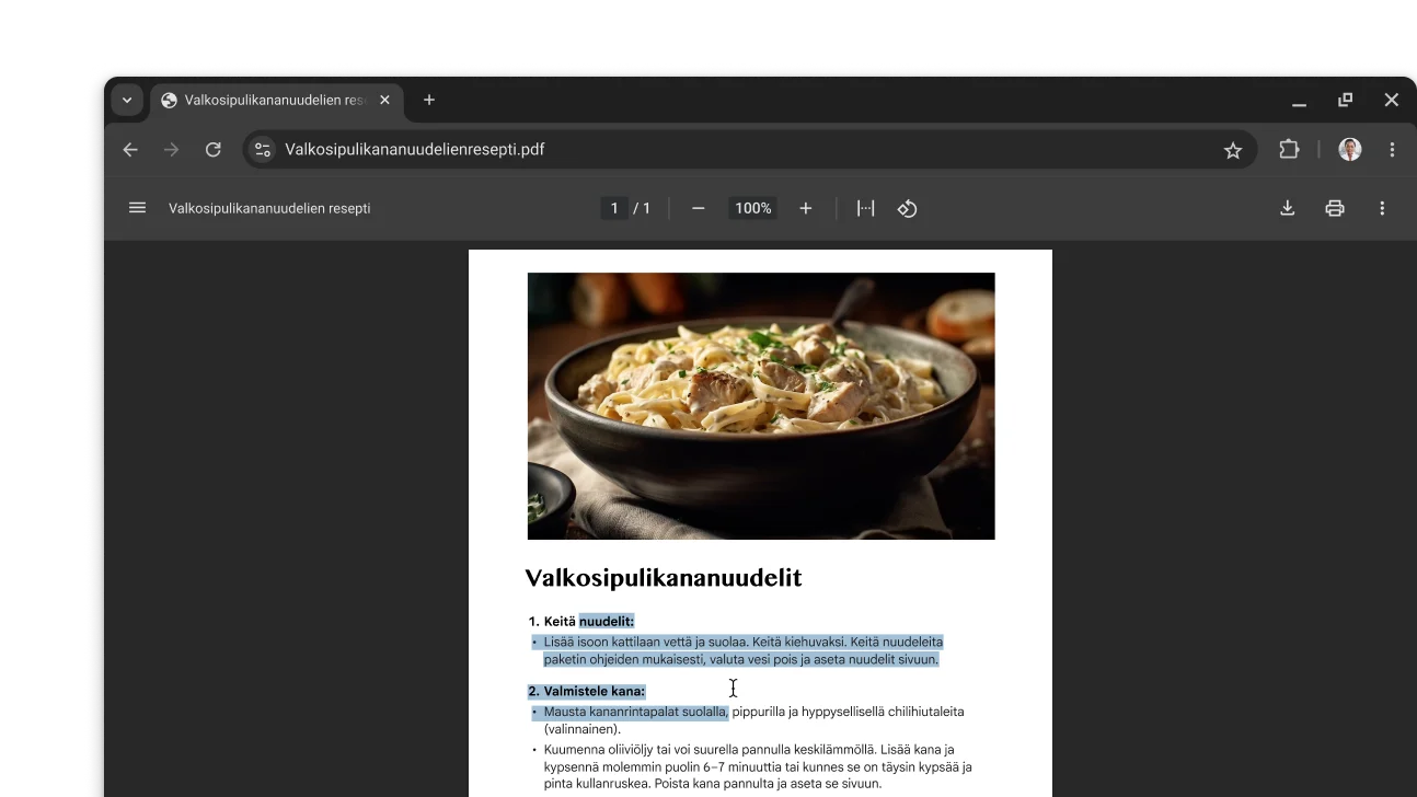 Chrome-selainikkunassa on avoinna PDF-tiedosto, jossa on resepti. Käyttäjä on valinnut tekstiä PDF-tiedostosta.