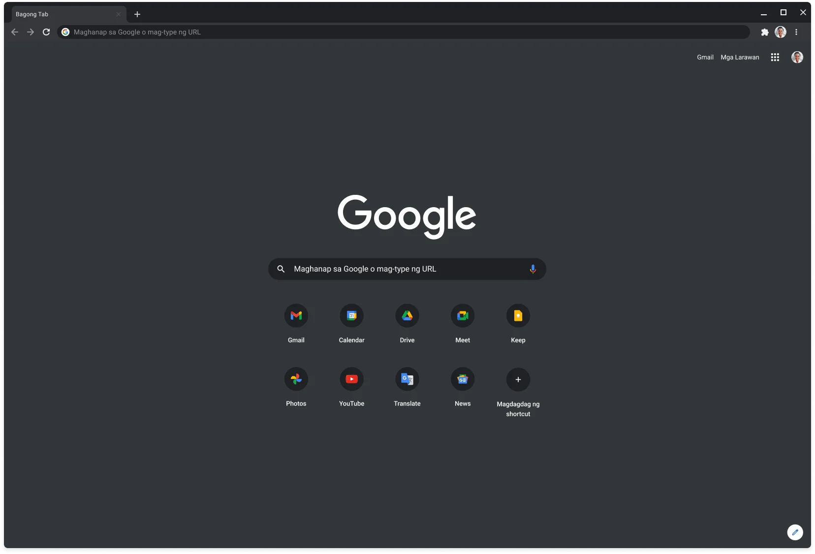 Window ng Chrome browser sa dark mode na ipinapakita ang Google.com.