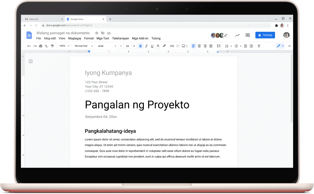 Screen ng Google Docs na nagpapakita ng bumubukas na template ng proyekto.