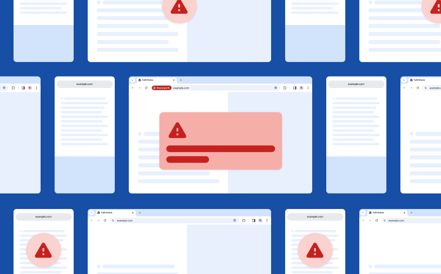 Naka-float ang mga generic na web page sa dark blue na background. Nasa harap ang pulang pop up na may icon ng red alert.