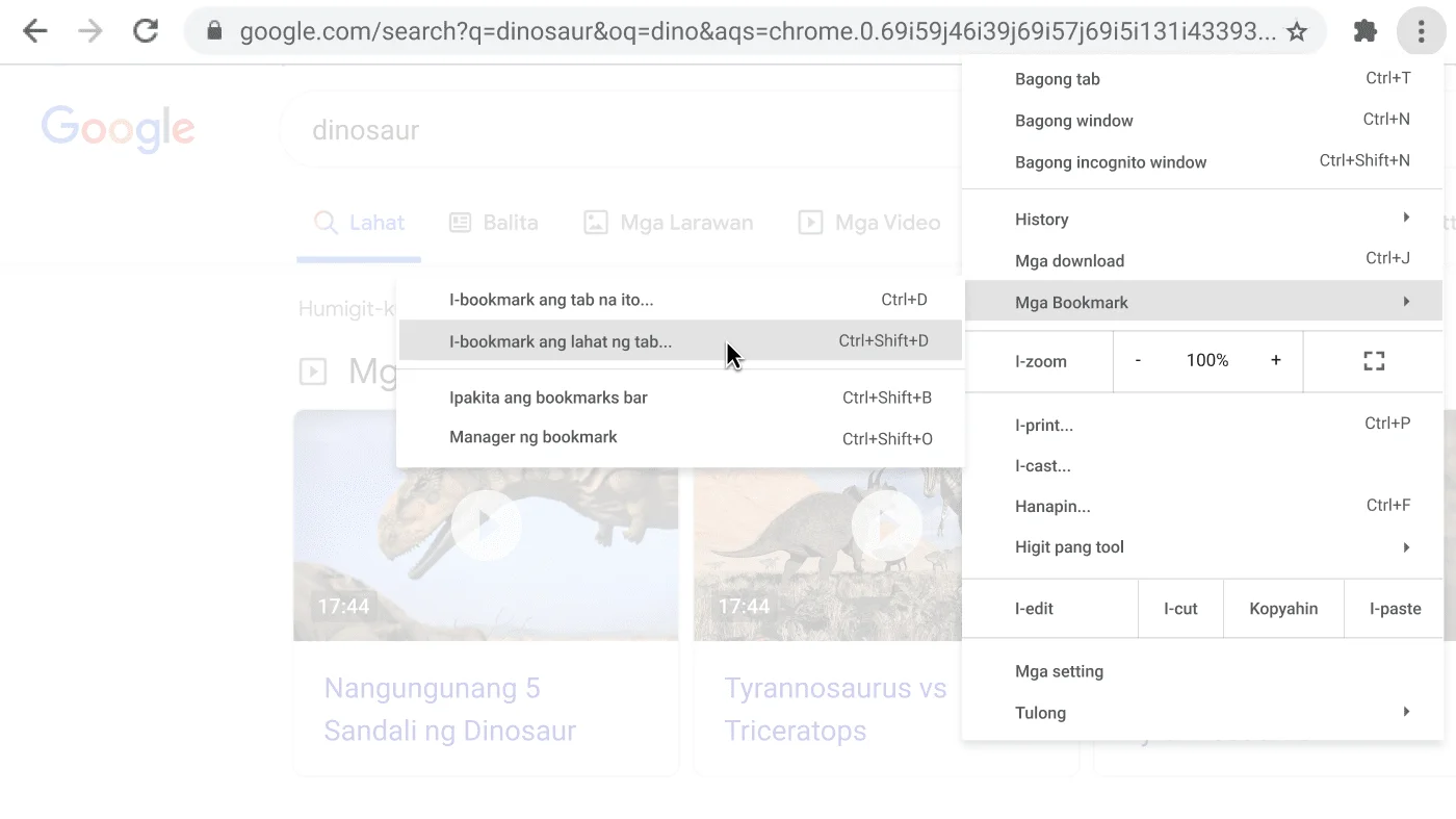 Window ng Chrome browser na may dialog box na nagpapakita ng opsyong I-bookmark ang lahat ng tab.