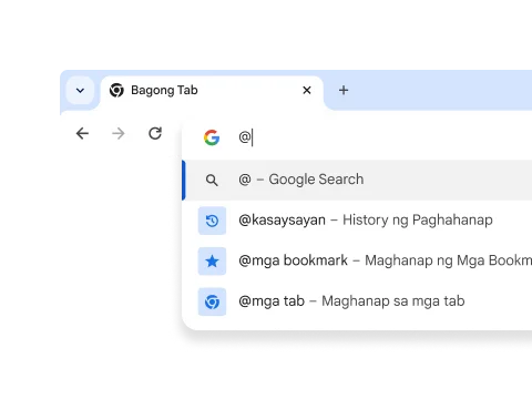 Dropdown na may mga shortcut para sa History, Mga Bookmark, at Mga Tab.