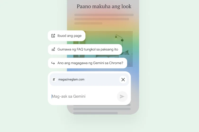 Sa webpage sa mobile phone, nagbibigay-daan ang mga kontrol para magbuod ng page, maghanap ng mga kaugnay na site, o magtanong sa Gemini ang user.