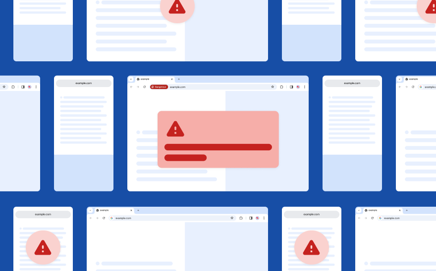 Des pages Web génériques flottent sur un fond bleu foncé. Une fenêtre contextuelle rouge avec une icône d'alerte importante s'affiche en premier plan.