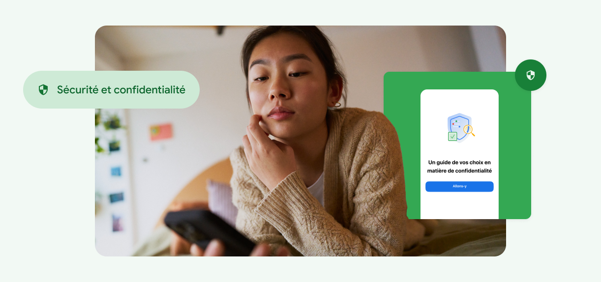 Une femme se touche le visage et regarde son téléphone.