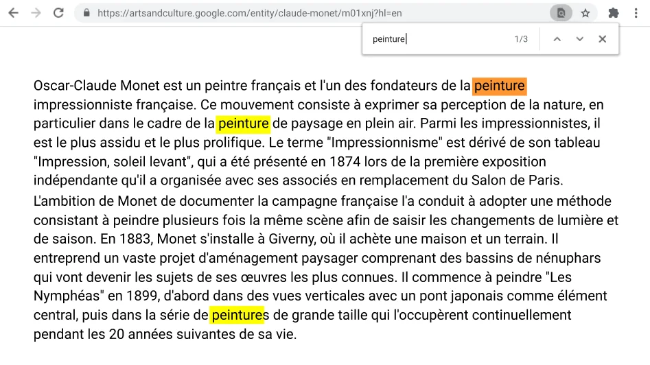 Fenêtre du navigateur Chrome ouverte sur une page Web avec la fonction Rechercher active.