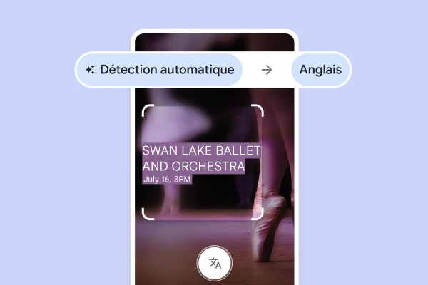 Un site Web avec des chaussons de ballet sur pointes avec un texte traduit qui dit « Swan Lake ballet and Orchestra, July 16, 8pm »