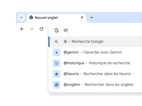 Un menu déroulant avec des raccourcis pour Gemini, Historique, Bookmarks et Onglets.