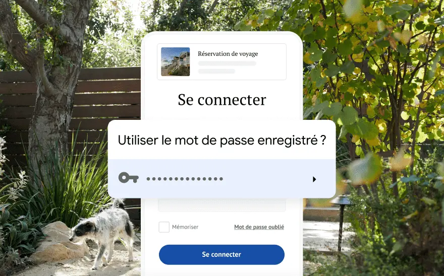 Une page de connexion pour la réservation d'un voyage demande à l'utilisateur un mot de passe enregistré. En arrière-plan se trouve un paysage de nature.