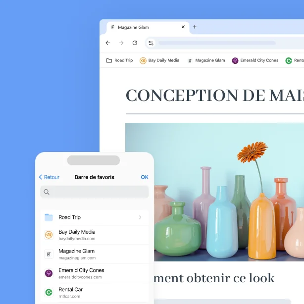 Barre de favoris Chrome sur un écran d'ordinateur et un téléphone mobile