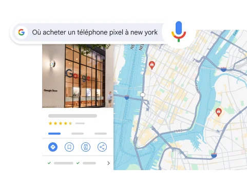 Une recherche vocale pour 'où puis-je acheter un téléphone Pixel à New York' affiche un résultat de Google Store à New York.