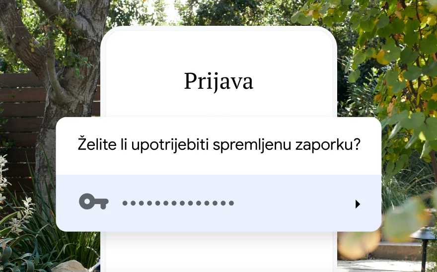 Stranica za prijavu za rezervaciju putovanja na kojoj se traži dopuštenje za upotrebu spremljene zaporke. U pozadini se prikazuje priroda.