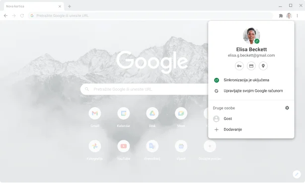 Prozor preglednika Chrome u kojem se prikazuju postavke računa i sinkronizacije za Google račune kad je sinkronizacija omogućena.