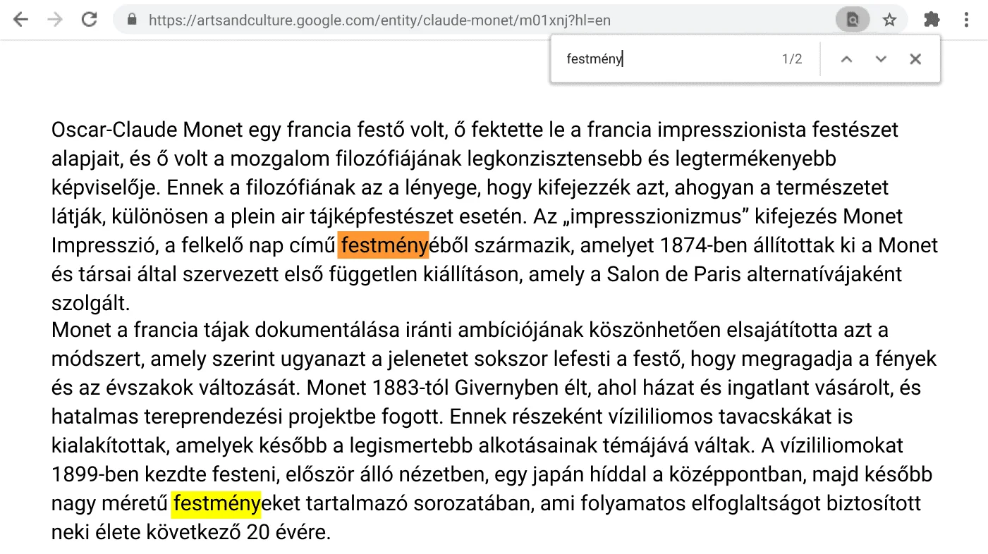 A Chrome-ablakban megnyitott oldalon az aktív Keresés funkció látható.