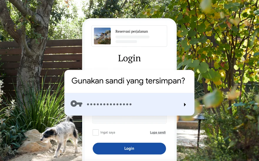 Halaman login reservasi perjalanan meminta izin menggunakan sandi yang disimpan. Latar belakang menampilkan pemandangan alam.