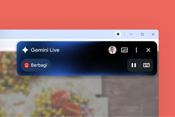 Kotak berjudul 'Gemini Live' berada di sudut halaman web. Tombol jeda menunjukkan Gemini di Chrome sedang mendengarkan seseorang berbicara.