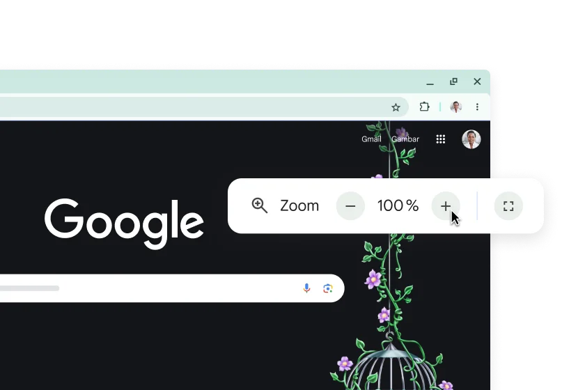 Halaman beranda Google dan pop-up dengan Zoom yang disetel ke 100%