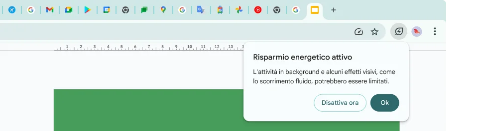 Un cursore ha fatto clic sull'icona Risparmio energetico, che spiega che l'attività in background e alcuni effetti visivi sono stati limitati per risparmiare memoria.