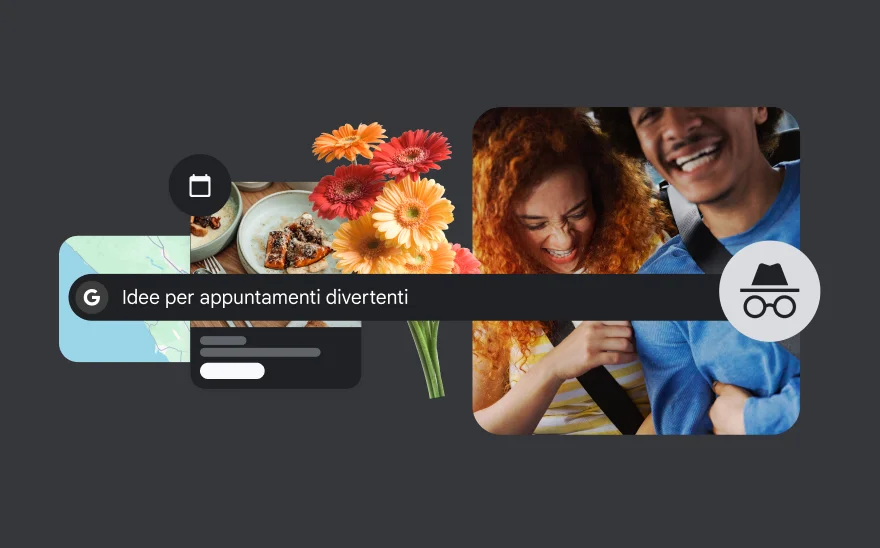 La scritta 'Idee per un appuntamento divertente' in una barra di ricerca con fiori, un pasto, una mappa e una coppia che ride sullo sfondo.