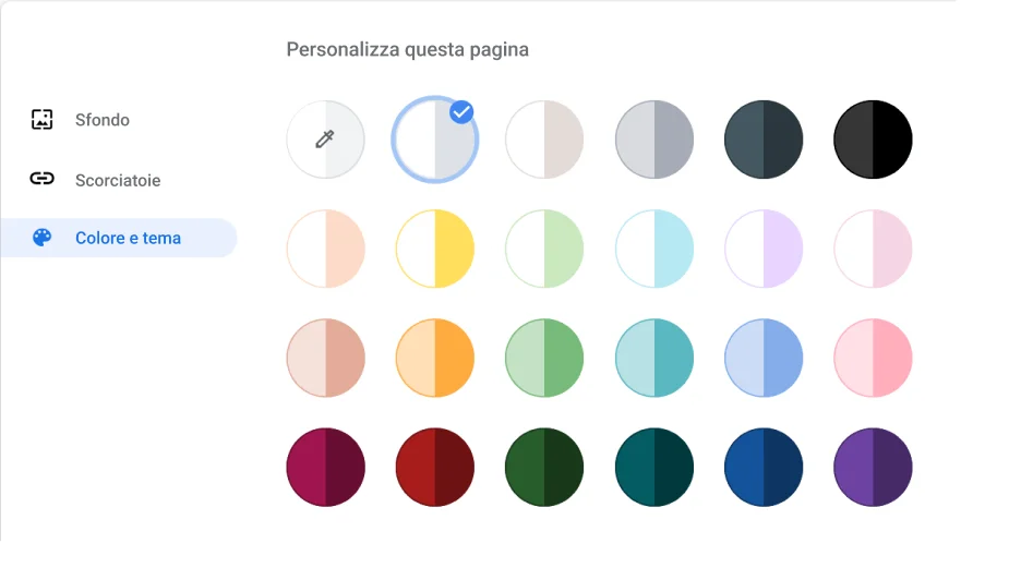 Finestra di impostazioni del browser Chrome in cui è mostrata la finestra di dialogo Colore e tema.
