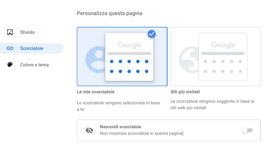 Finestra di impostazioni del browser Chrome in cui è mostrata la finestra di dialogo Scorciatoie.