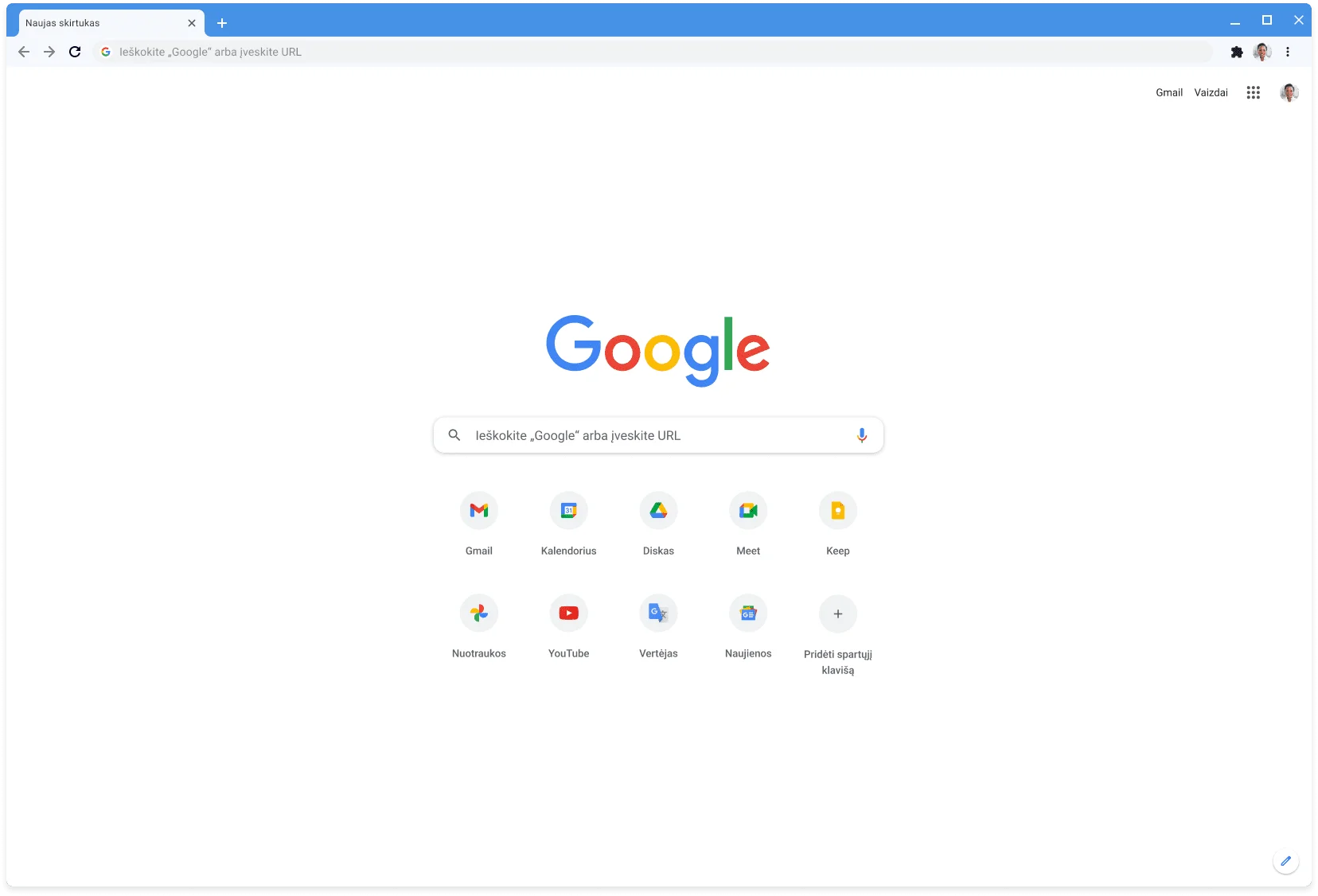 Naršyklės „Chrome“ lange teikiama Google.com, naudojant klasikinę temą.