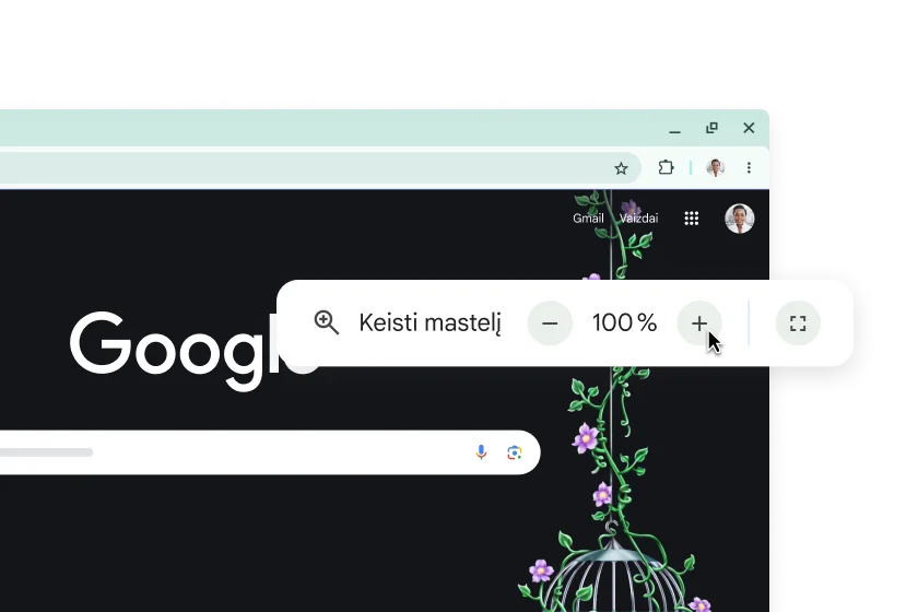 „Google“ pagrindinis puslapis ir iššokantysis langas su 100 % mastelio keitimu