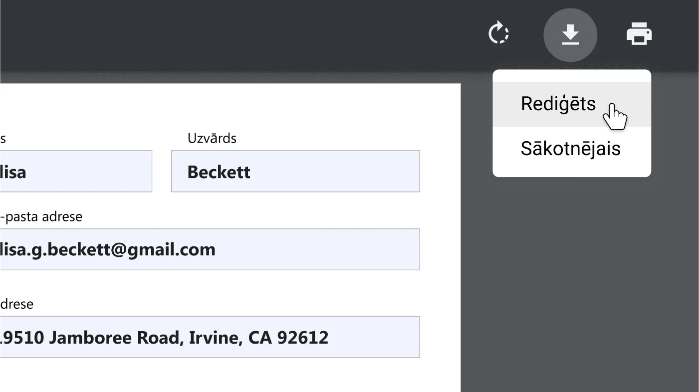 Pārlūka Chrome logs ar atvērtu PDF dokumentu, kurā ir tuvināta lejupielādes un drukāšanas opciju izvēlne.