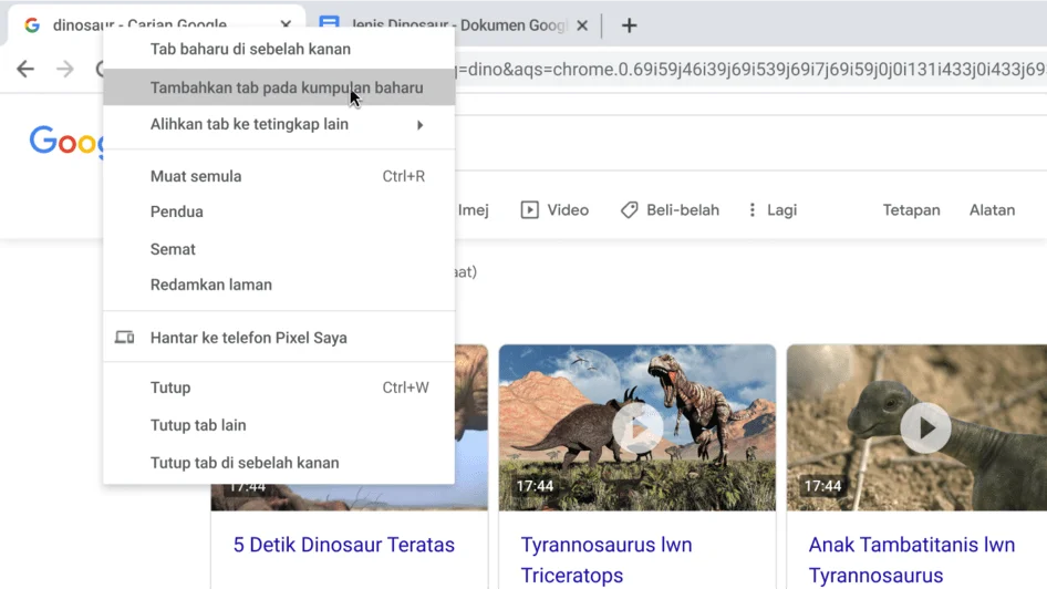Tetingkap penyemak imbas Chrome dengan kotak dialog yang memaparkan kumpulan tab baharu sedang dibuat