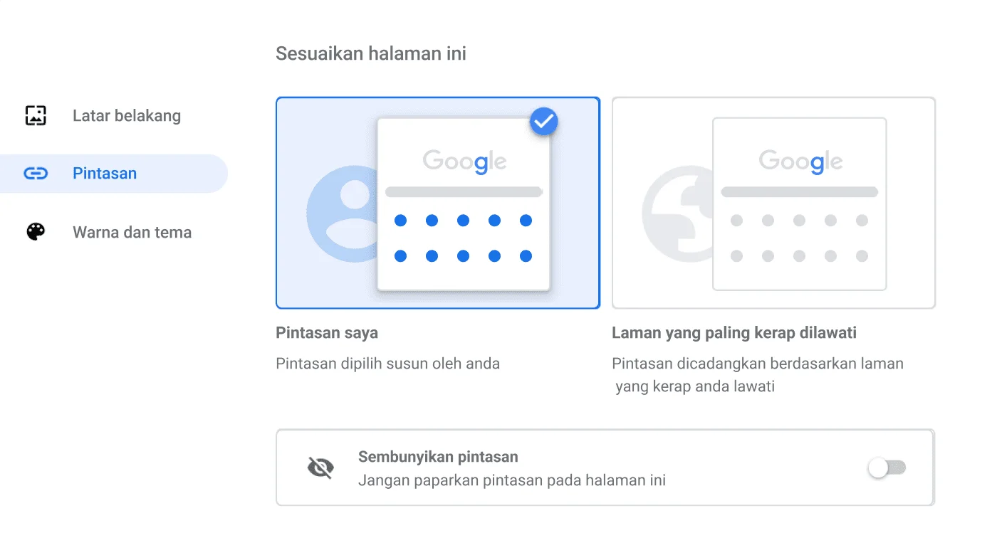 Tetingkap tetapan penyemak imbas Chrome memaparkan dialog Pintasan.