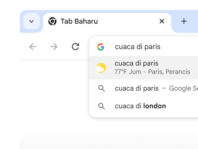 Pengguna menaip “cuaca di Paris” pada bar alamat Chrome dan hasil carian dijana dengan serta-merta.