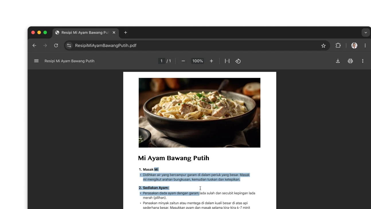 PDF yang menampilkan resipi dibuka dalam tetingkap penyemak imbas Chrome. Pengguna telah memilih teks dalam PDF.