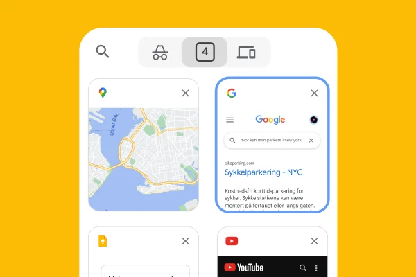 En mobilnettleser laster inn faner fra en nettleser for datamaskin, inkludert Google Maps og parkeringsinformasjon for New York.