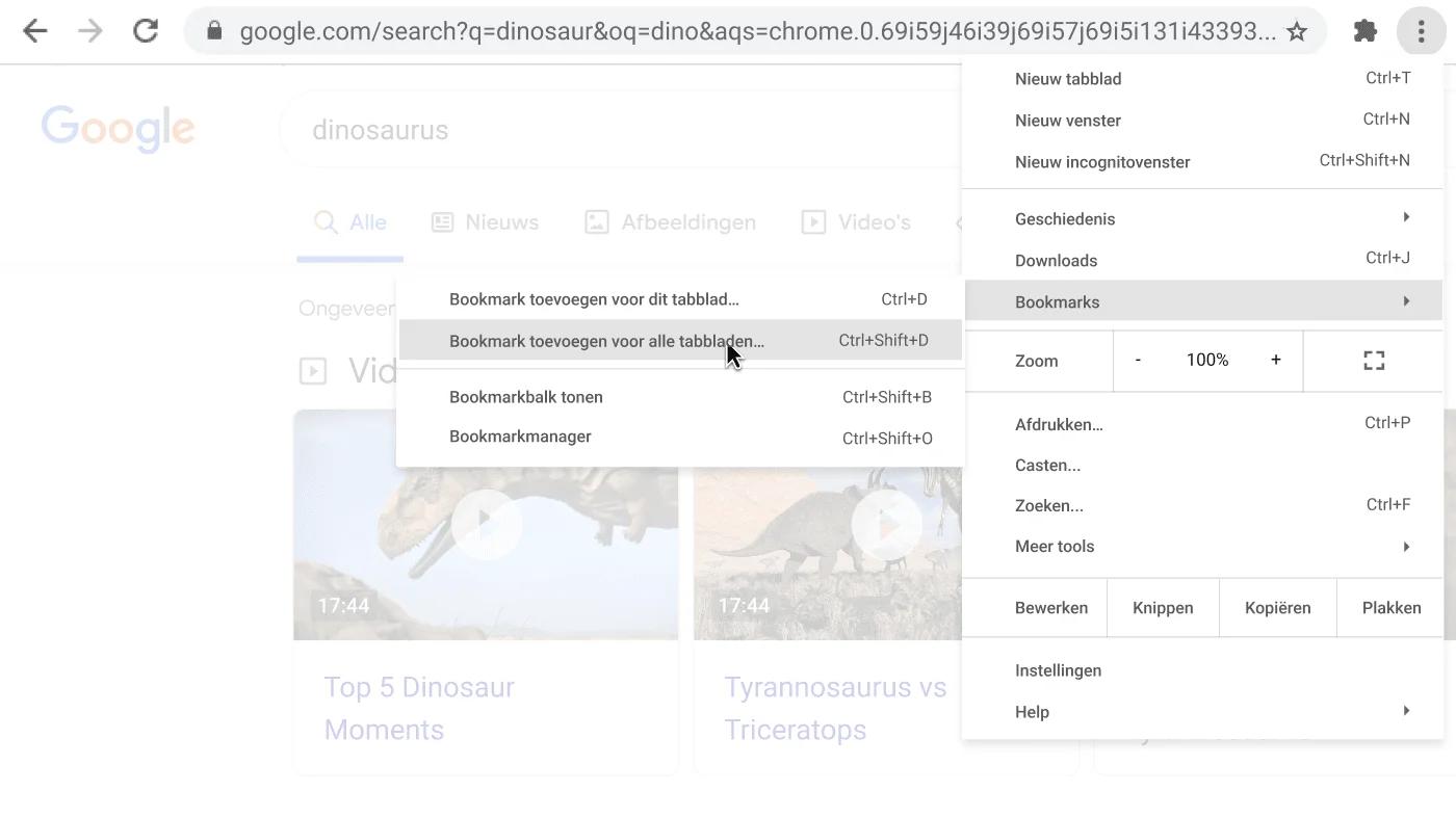 Chrome-browservenster met dialoogvenster met de optie Bookmark toevoegen aan alle tabbladen.