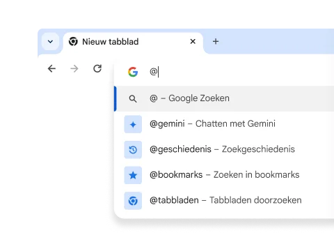 Een dropdownmenu met snelkoppelingen voor Gemini, Geschiedenis, Bookmarks en Tabbladen.